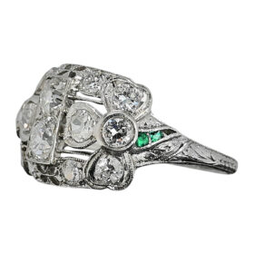 Platinum Art Deco Era Diamond Ring with Emerald Accents, 1.79-Carats