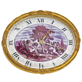 Swiss Gilt Desk Clock with Cherub Scene by Marc-Ange Plojoux, Circa 1880