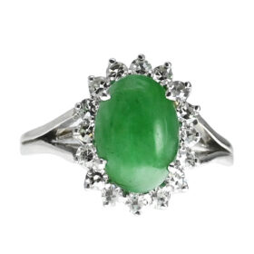 Oval Jade and Diamond Ring in Tested 14K White Gold