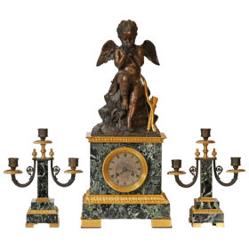 French Clock Garniture in Verde Marble
