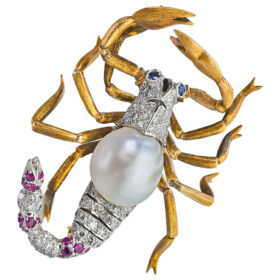 Pearl, Diamond, and Ruby Scorpion Brooch