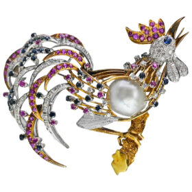 Sapphire, Ruby, Diamond, and South Sea Pearl Rooster Brooch