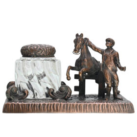 Equestrian Themed Bronze and Glass Inkwell