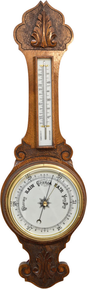 English Aneroid Banjo Barometer In Carved Oak