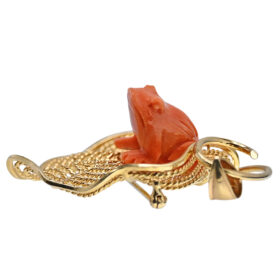 Carved Coral Frog on Lily Pad Brooch/Pendant