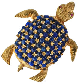 Lapis and 18K Yellow Gold Turtle Pin