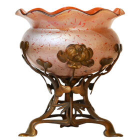 American Art Nouveau Art Glass Bowl in Stand