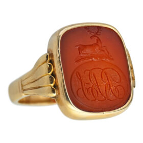 Carnelian Intaglio Ring in 14K Gold with Antlered Deer Motif