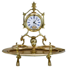 Austrian Cast Brass Inkwell and Pen Stand with Zappler Clock