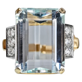 Retro 14K Gold & Platinum Aquamarine and Diamond Ring, 10.00-Carats