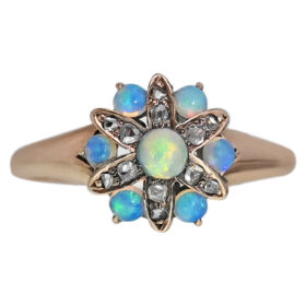Victorian Opal Cabochon and Rose Cut Diamond Ring