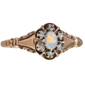 Victorian Opal Cabochon and Diamond Flower Ring