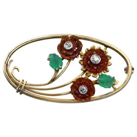 Carved Garnet and Chrysoprase Floral Retro Pin