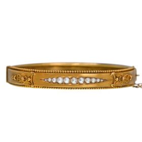 Victorian Era 10K Yellow Gold and Seed Pearl Bangle Bracelet