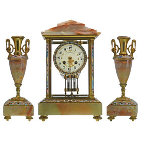 French Onyx and Champlevé Enamel Clock Garniture