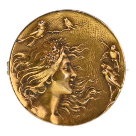 American 14K Gold Art Nouveau Femme Medallion Brooch by Krementz