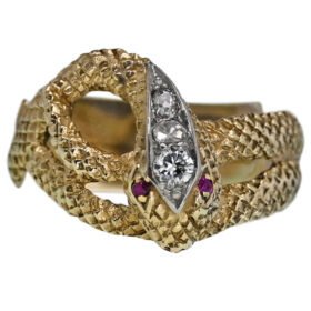 Serpent Ring with Ruby Eyes and Diamonds in 14K White and Yellow Gold