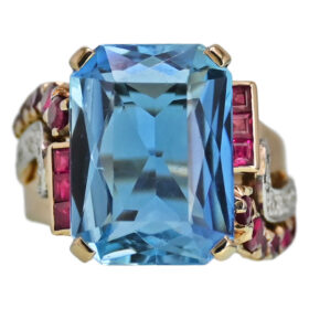 Aquamarine, Ruby, and Diamond Retro Ring, 10.00 Carats