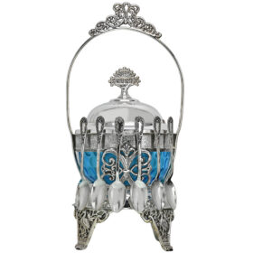 Rogers Silver Plate Co. Sugar Spooner with Blue Glass Insert & Demitasse Spoons