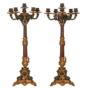 French Marble and Bronze Pair of Candelabra