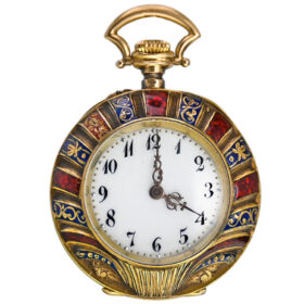 Swiss 18K Yellow Gold Enamel Pendant Watch with Shell-Pattern Case