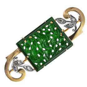Carved Burmese Jade and Diamond Pin by Birks