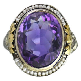 Art Deco Amethyst & Seed Pearl Hummingbird Ring, 9.10 Carats