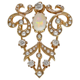 Art Nouveau Opal, Diamond & Seed Pearl Brooch/Pendant