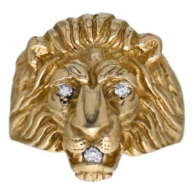 10K Yellow Gold Lion Head Ring with Diamond Eyes