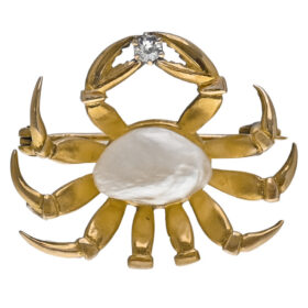 Edwardian Era Gold Crab Pin With Freshwater Pearl & Diamond