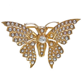 Victorian Era Butterfly Brooch/ Watch Hanger With Seed Pearls & Diamond