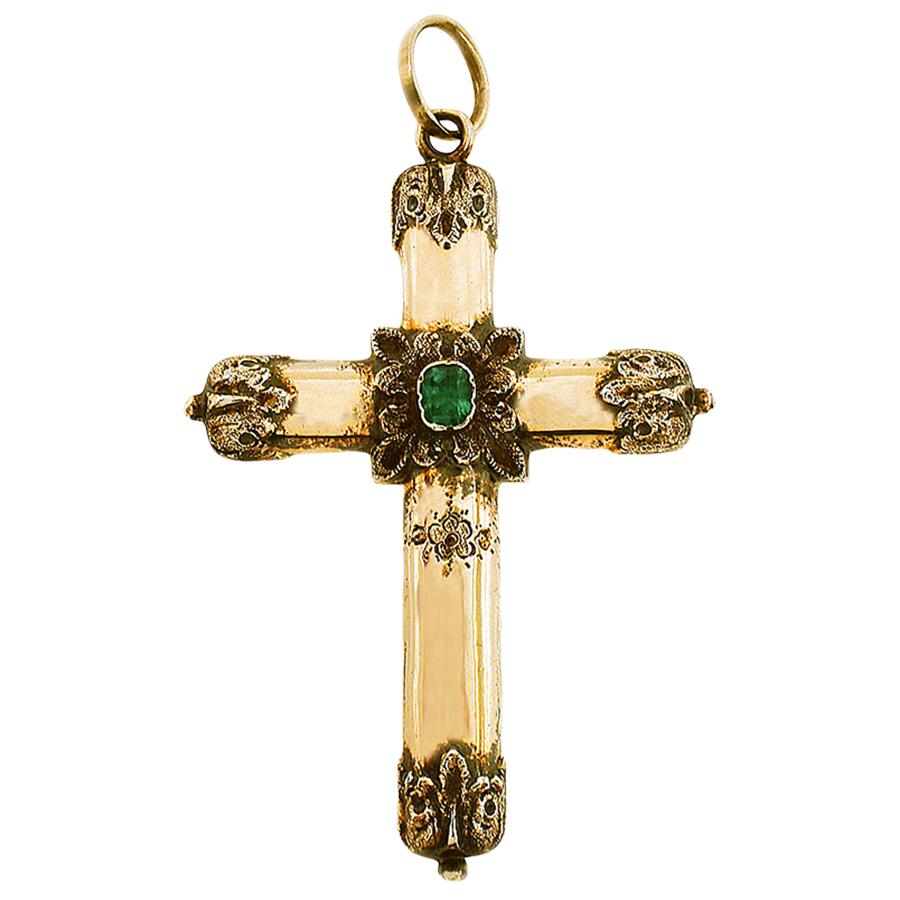15K Yellow Gold Victorian Cross Pendant with Emerald - Renaissance Antiques