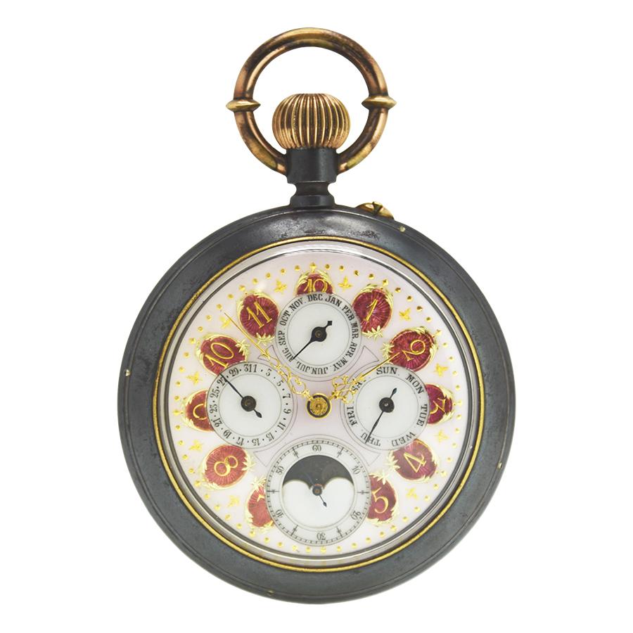 Swiss Gun Metal Oversized Pocket Watch with Colorful Enamel Dial ...
