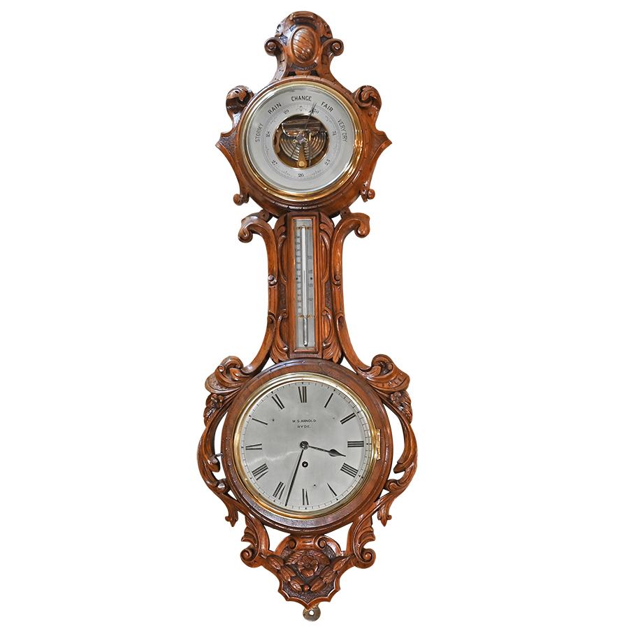 English Time and Weather Carved Wall Clock in Honduran Mahogany