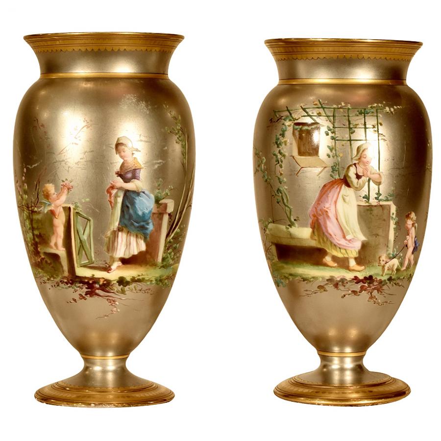 French Pair of Hand Painted Porcelain Vases Renaissance Antiques