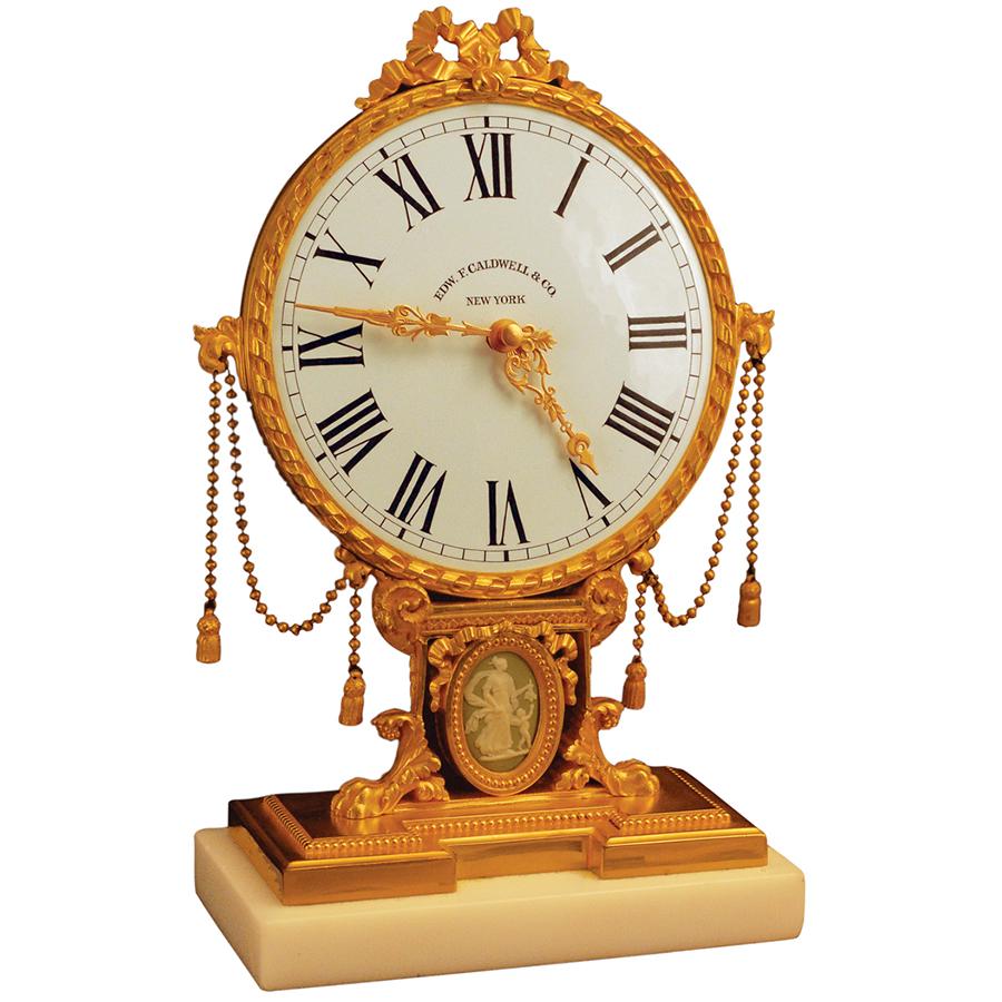 Edward Caldwell & Co Gilt Brass Desk Clock with Swiss Omega Movement Renaissance Antiques